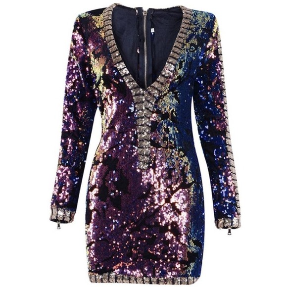 Atxyxta All Over Sequins Long Sleeve V Neck Mini Dress Size Large - Picture 1 of 11